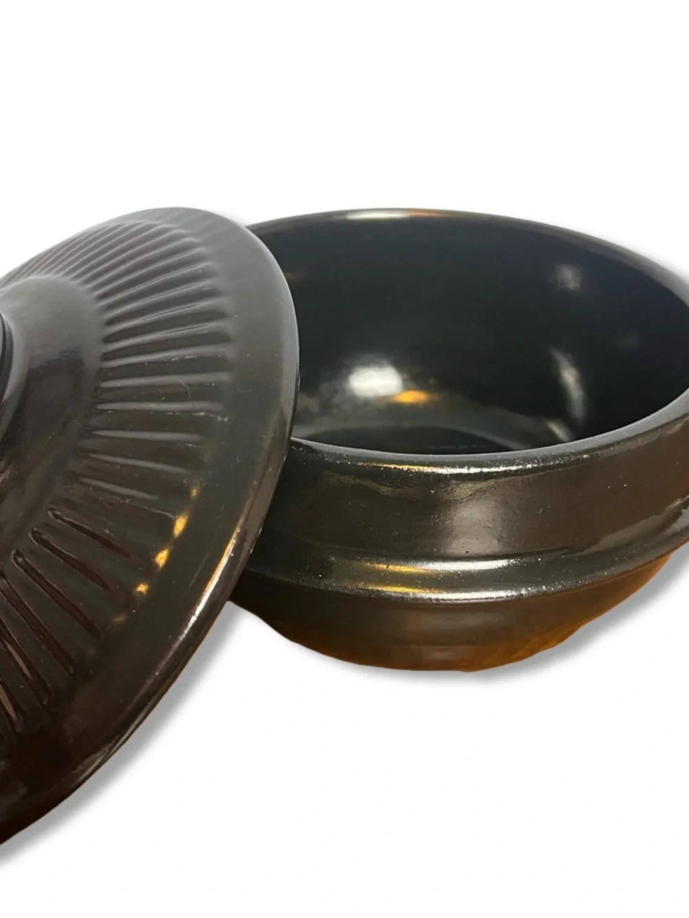 Vintage Korean Ttukbaegi Black Glazed Earthenware Lidded Stew Pot‎ 70s 80s